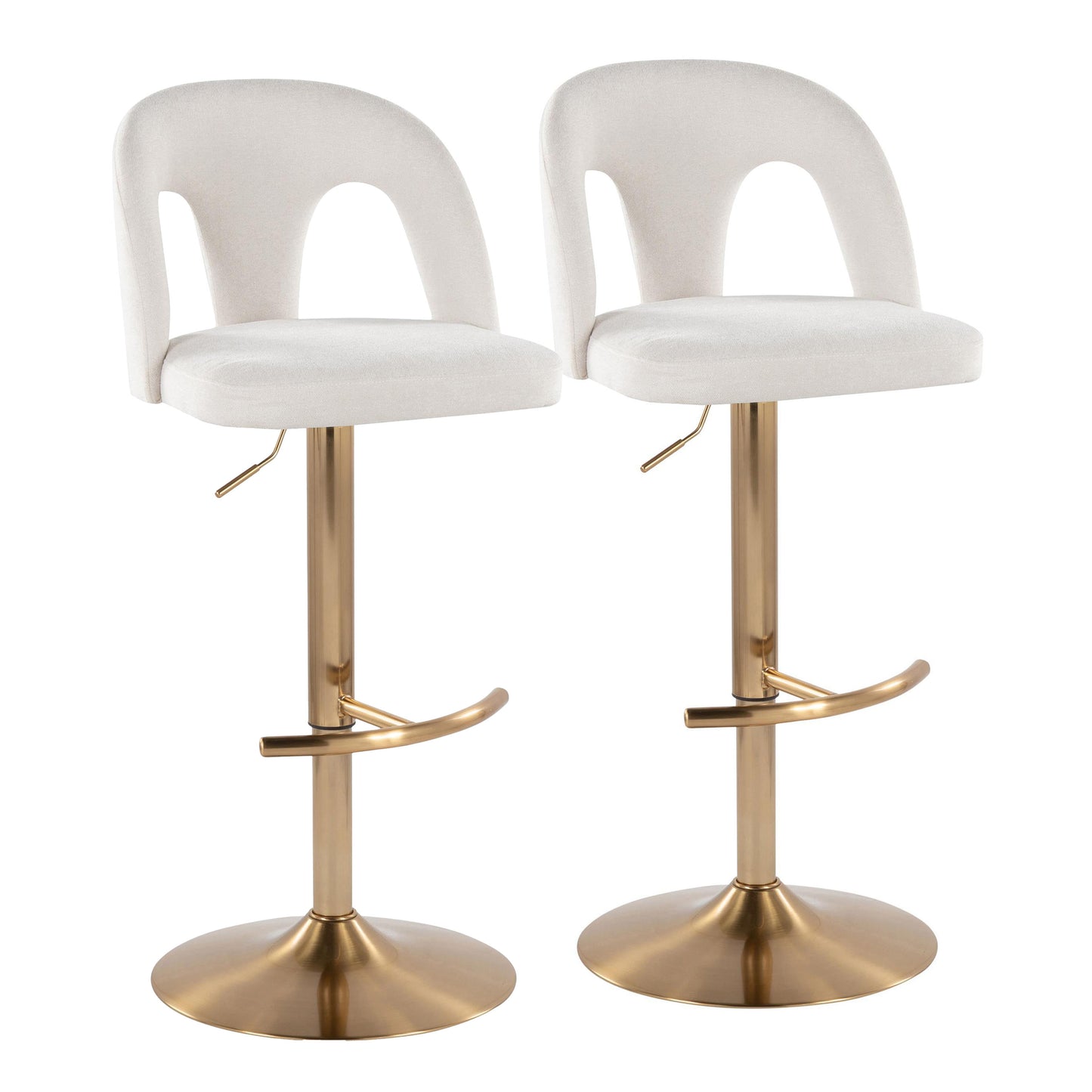 Adjustable Barstool in Gold Metal and Snow White Fabric with Rounded T Footrest - Set of 2