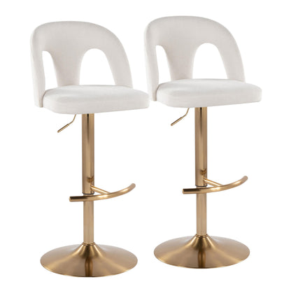 Adjustable Barstool in Gold Metal and Snow White Fabric with Rounded T Footrest - Set of 2
