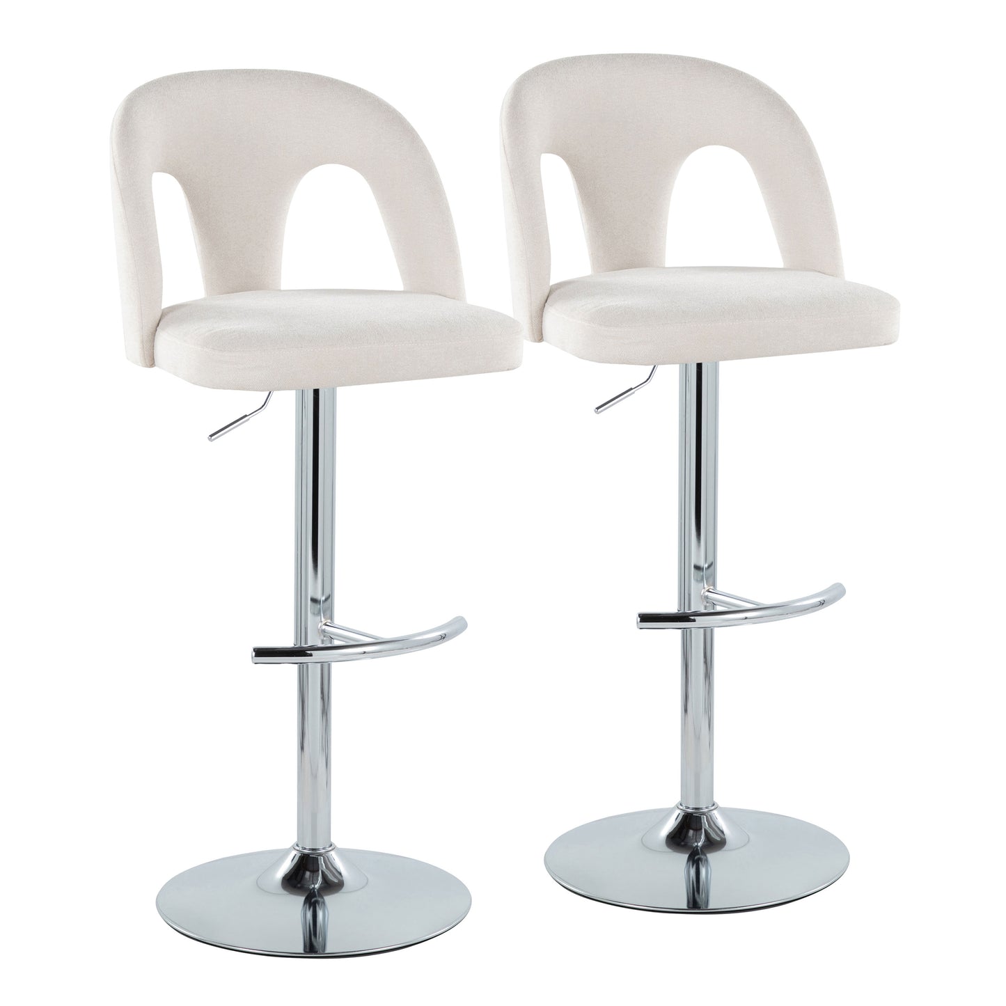 Adjustable Barstool in Chrome Metal and Snow White Fabric with Rounded T Footrest - Set of 2