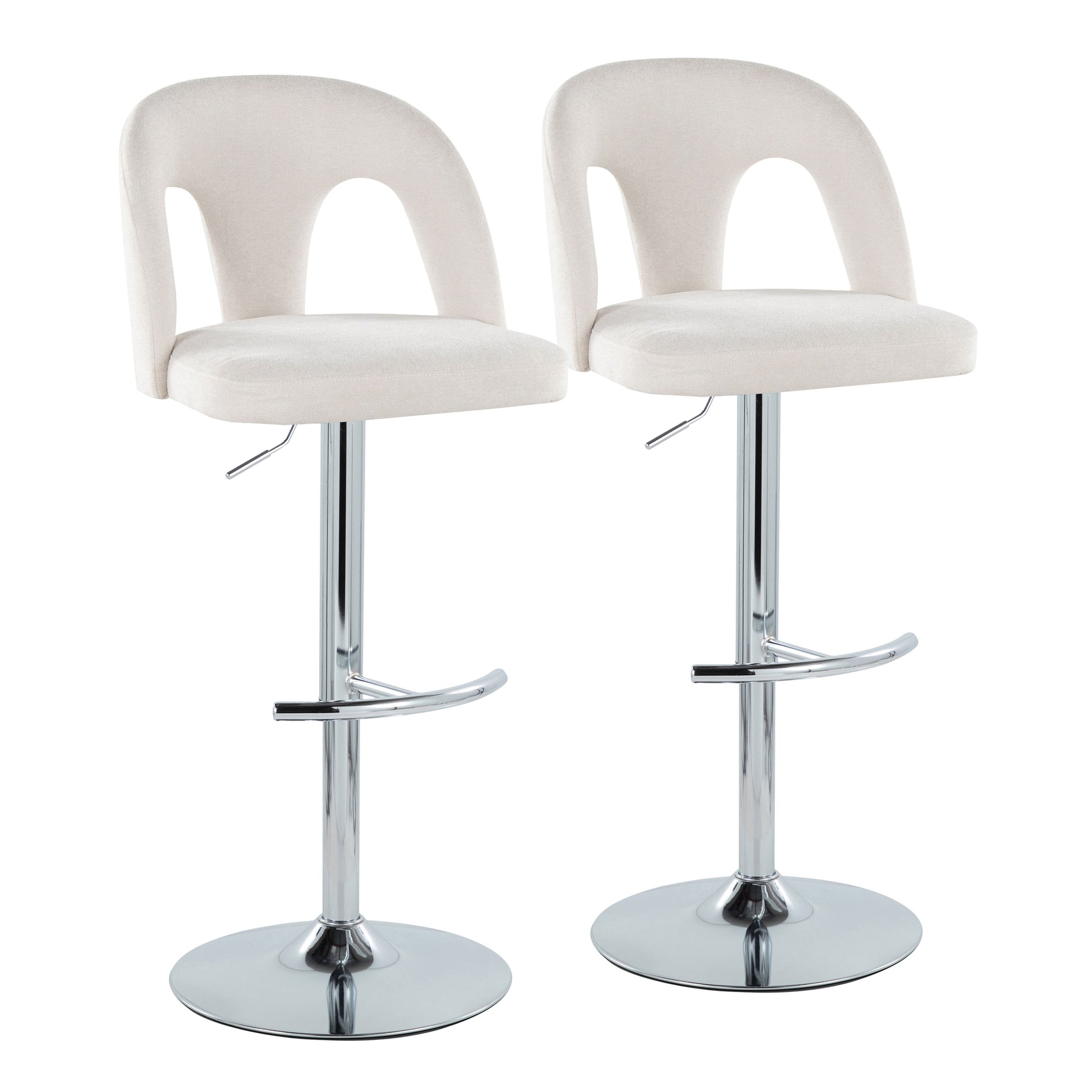 Adjustable Barstool in Chrome Metal and Snow White Fabric with Rounded T Footrest - Set of 2