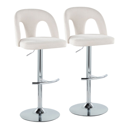 Adjustable Barstool in Chrome Metal and Snow White Fabric with Rounded T Footrest - Set of 2
