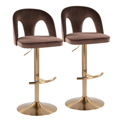 Adjustable Barstool in Gold Metal and Espresso Velvet with Rounded T Footrest - Set of 2