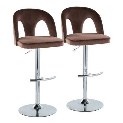 Adjustable Barstool in Chrome Metal and Espresso Velvet with Rounded T Footrest - Set of 2