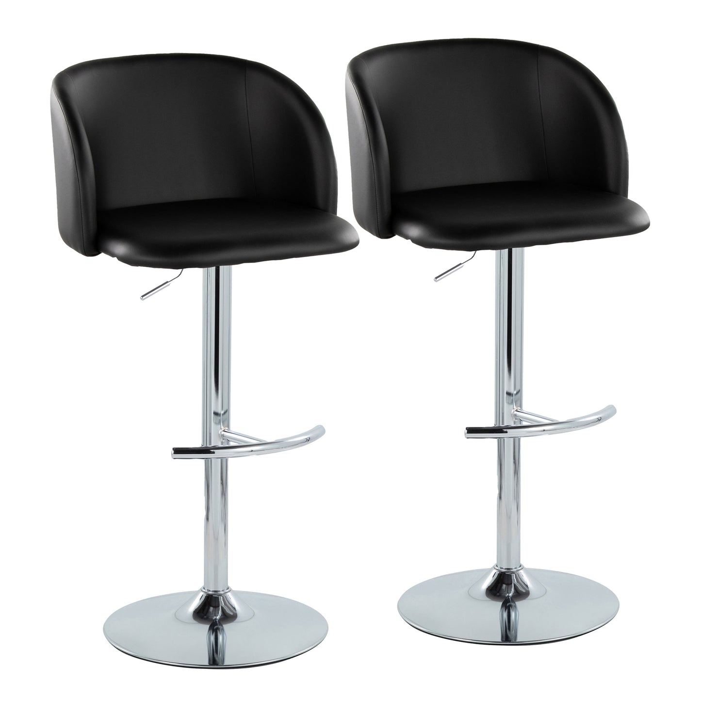 Adjustable Barstool in Chrome Metal and Black Faux Leather with Rounded T Footrest - Set of 2