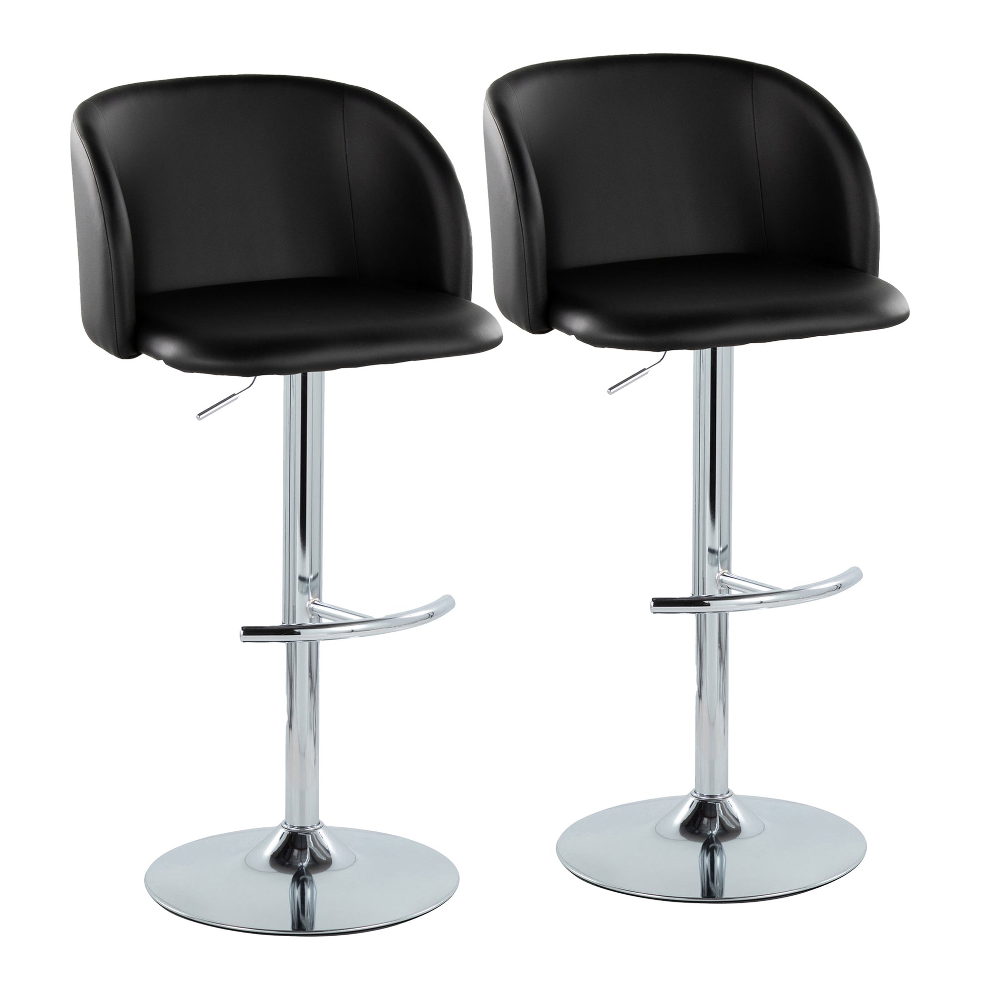 Adjustable Barstool in Chrome Metal and Black Faux Leather with Rounded T Footrest - Set of 2