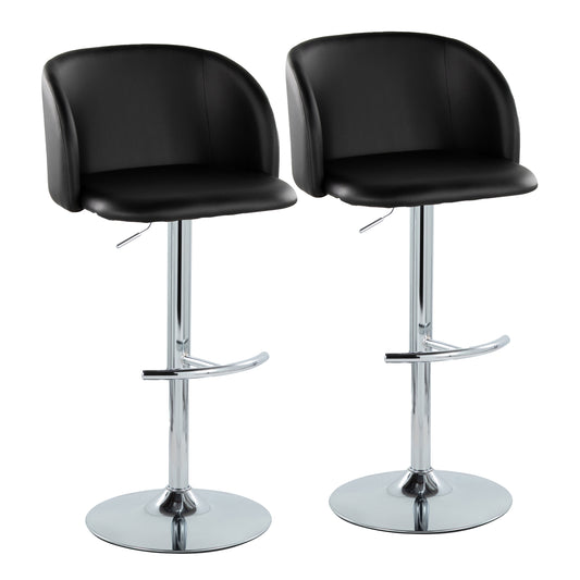 Adjustable Barstool in Chrome Metal and Black Faux Leather with Rounded T Footrest - Set of 2
