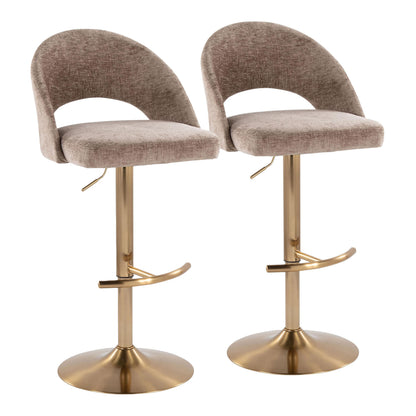 Adjustable Barstool with Swivel in Gold Metal and Brown Fabric with Round T Footrest - Set of 2