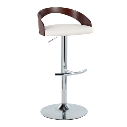 Adjustable Barstool with Swivel in Chrome Metal, Mahogany Wood and White Faux Leather with Rounded T Footrest - Set of 3