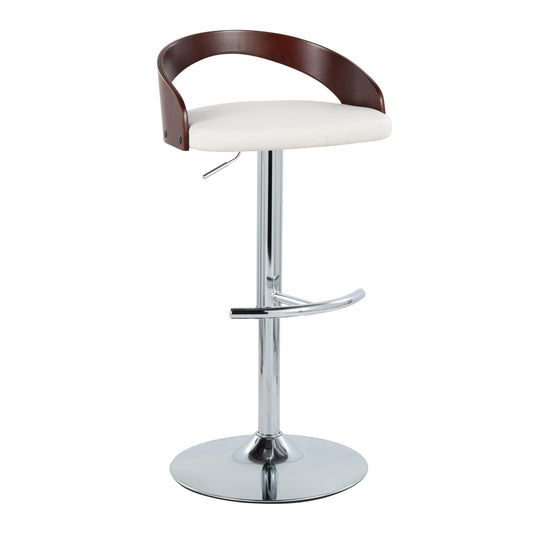Adjustable Barstool with Swivel in Chrome Metal, Mahogany Wood and White Faux Leather with Rounded T Footrest - Set of 3