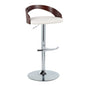 Adjustable Barstool with Swivel in Chrome Metal, Mahogany Wood and White Faux Leather with Rounded T Footrest - Set of 3