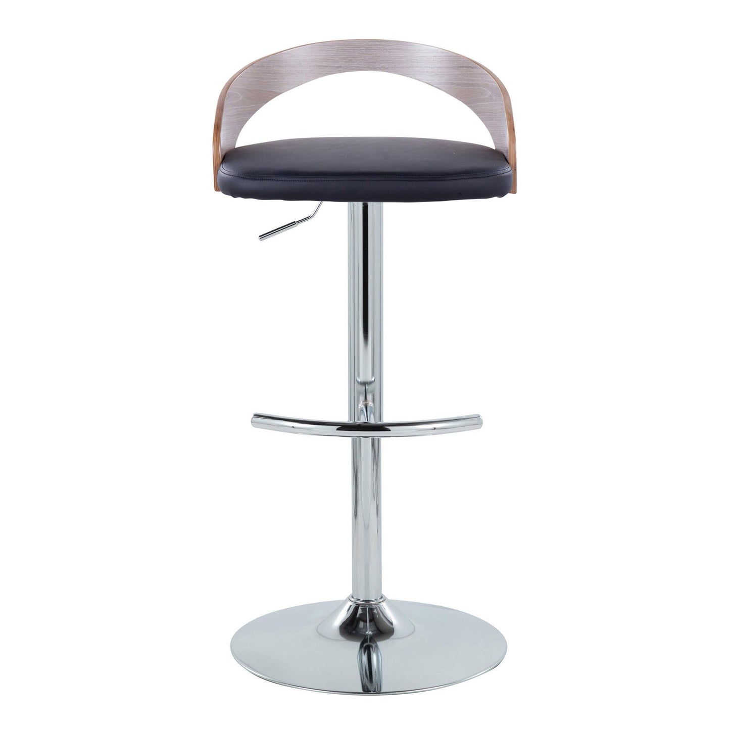 Adjustable Barstool with Swivel in Chrome Metal, Light Grey Wood and Black Faux Leather with Rounded T Footrest - Set of 3