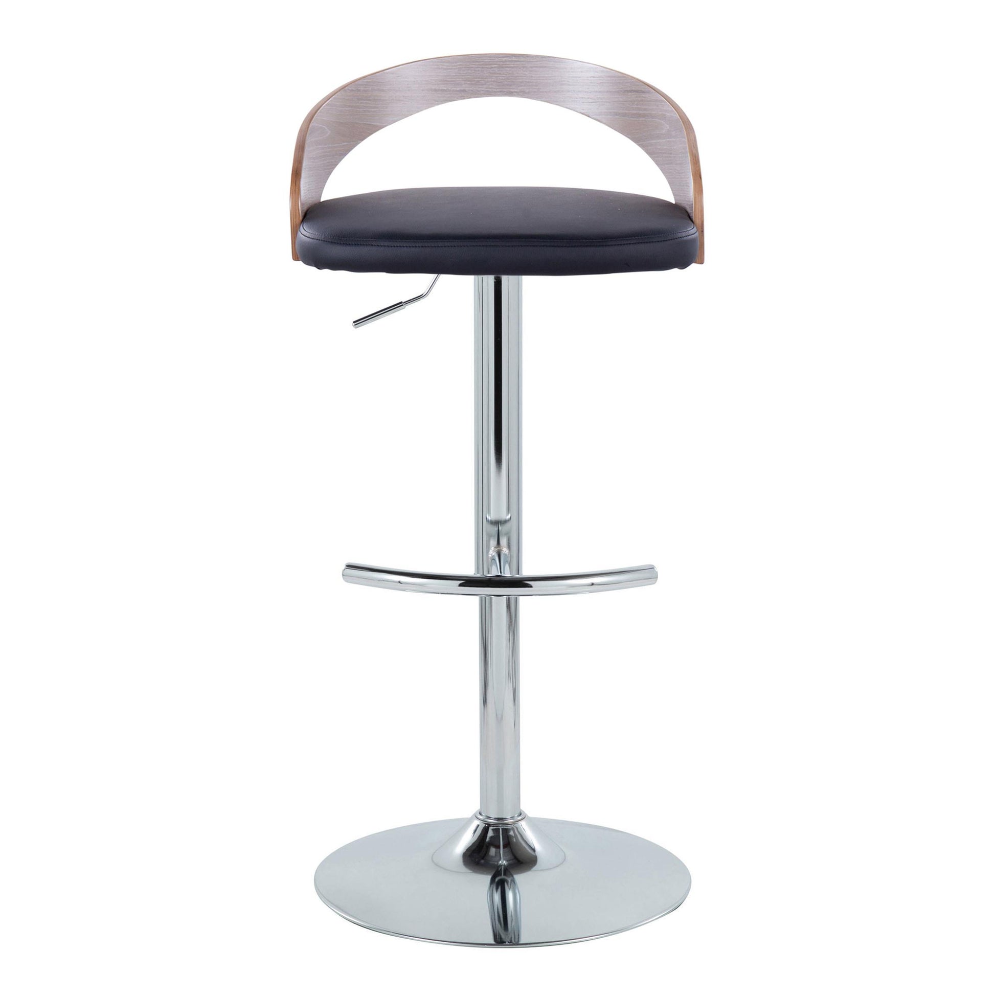 Adjustable Barstool with Swivel in Chrome Metal, Light Grey Wood and Black Faux Leather with Rounded T Footrest - Set of 3