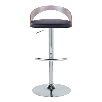 Adjustable Barstool with Swivel in Chrome Metal, Light Grey Wood and Black Faux Leather with Rounded T Footrest - Set of 3