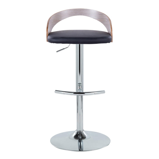 Adjustable Barstool with Swivel in Chrome Metal, Light Grey Wood and Black Faux Leather with Rounded T Footrest - Set of 3