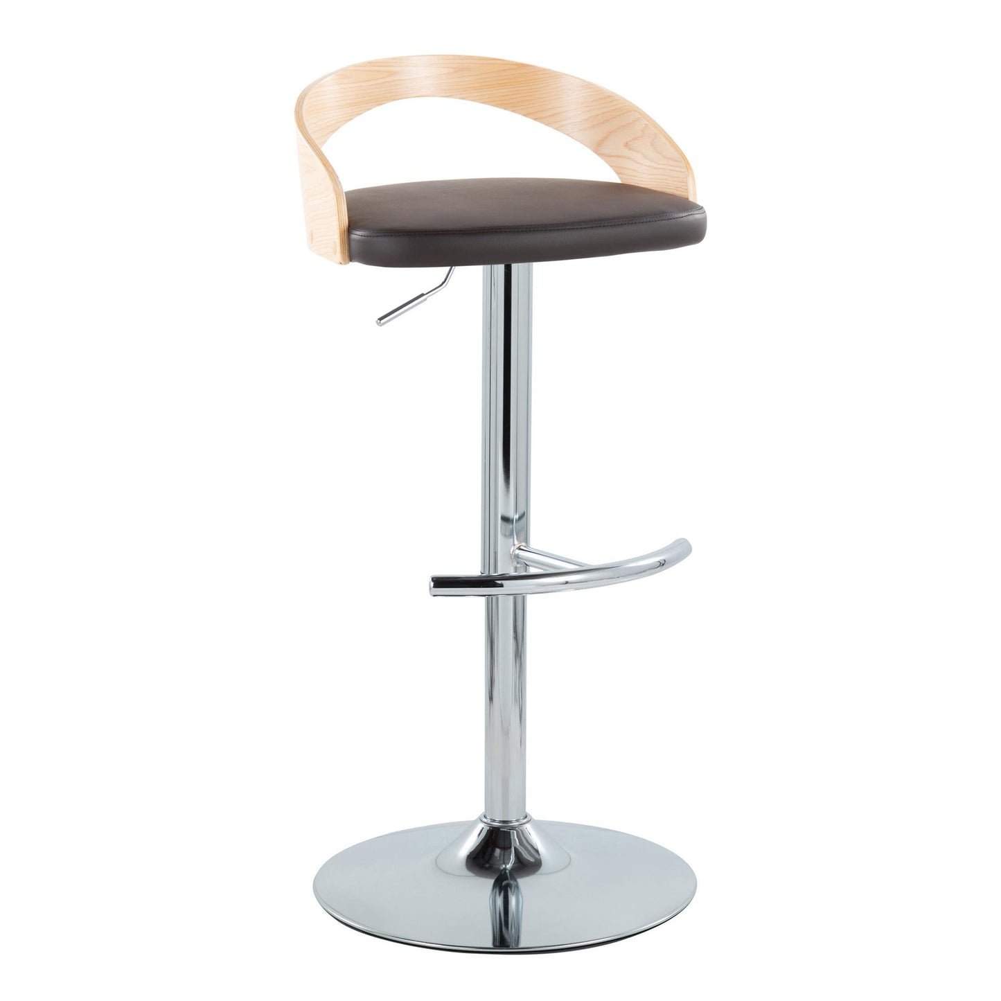 Adjustable Barstool with Swivel in Chrome Metal, Natural Wood and Brown Faux Leather with Rounded T Footrest - Set of 3