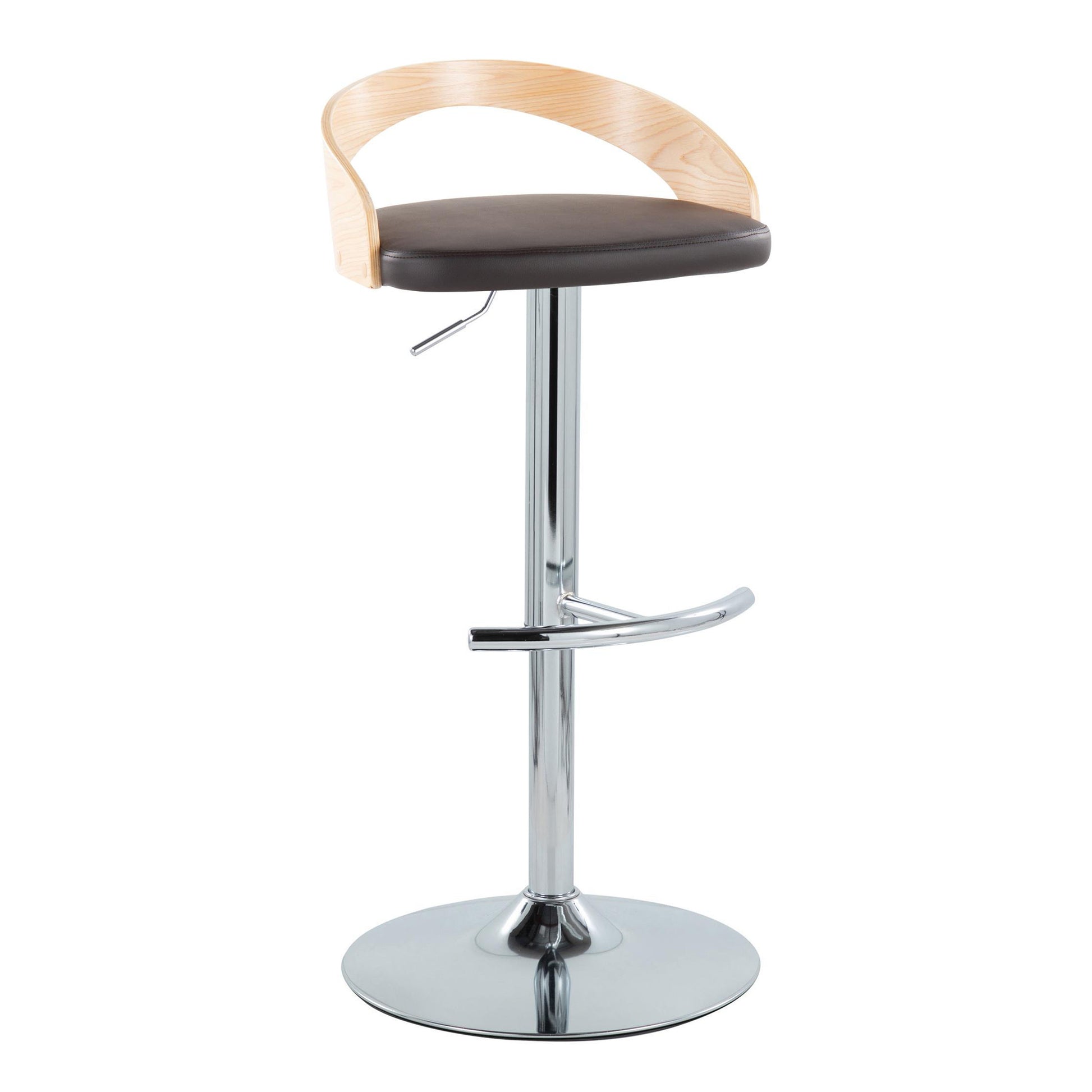 Adjustable Barstool with Swivel in Chrome Metal, Natural Wood and Brown Faux Leather with Rounded T Footrest - Set of 3
