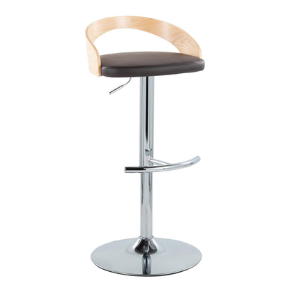 Adjustable Barstool with Swivel in Chrome Metal, Natural Wood and Brown Faux Leather with Rounded T Footrest - Set of 3