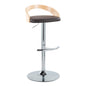 Adjustable Barstool with Swivel in Chrome Metal, Natural Wood and Brown Faux Leather with Rounded T Footrest - Set of 3