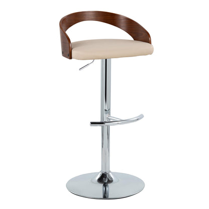 Adjustable Barstool with Swivel in Chrome Metal, Walnut Wood and Cream Faux Leather with Rounded T Footrest - Set of 3
