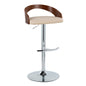 Adjustable Barstool with Swivel in Chrome Metal, Walnut Wood and Cream Faux Leather with Rounded T Footrest - Set of 3