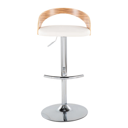 Adjustable Barstool with Swivel in Chrome Metal, Zebra Wood and White Faux Leather with Rounded T Footrest - Set of 3