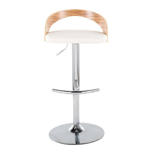Adjustable Barstool with Swivel in Chrome Metal, Zebra Wood and White Faux Leather with Rounded T Footrest - Set of 3