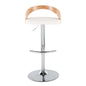 Adjustable Barstool with Swivel in Chrome Metal, Zebra Wood and White Faux Leather with Rounded T Footrest - Set of 3