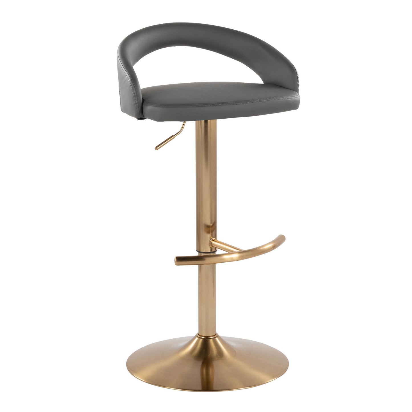 Adjustable Barstool in Gold Metal and Grey Faux Leather with Rounded T Footrest - Set of 3