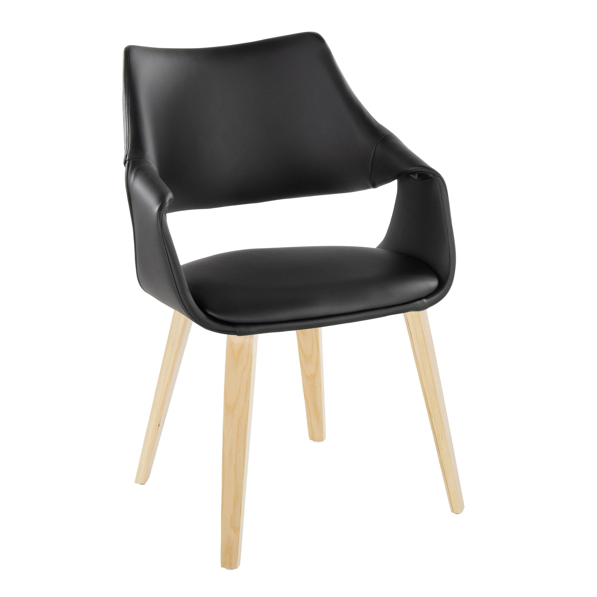 Chair in Natural Wood and Black Faux Leather - Set of 2