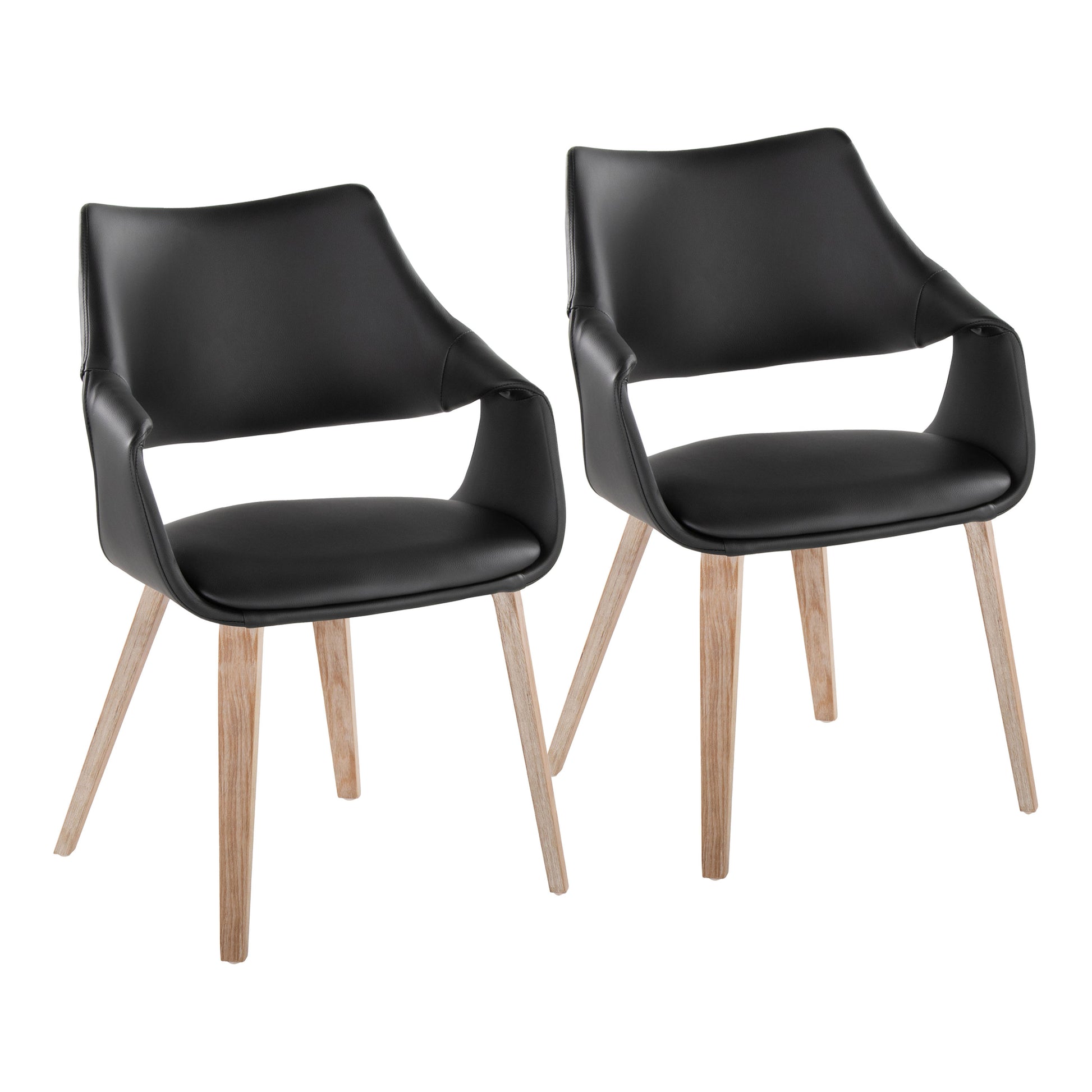 Chair in Whitewashed Wood and Black Faux Leather - Set of 2