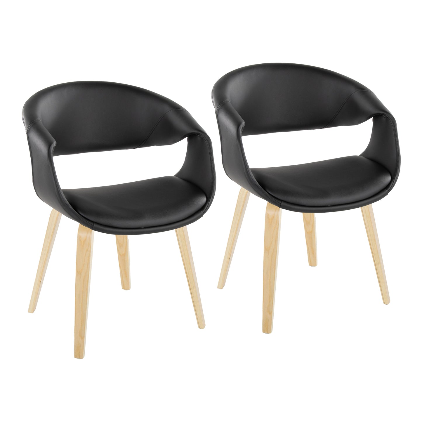 Upholstered Chair in Natural Wood and Black Faux Leather - Set of 2