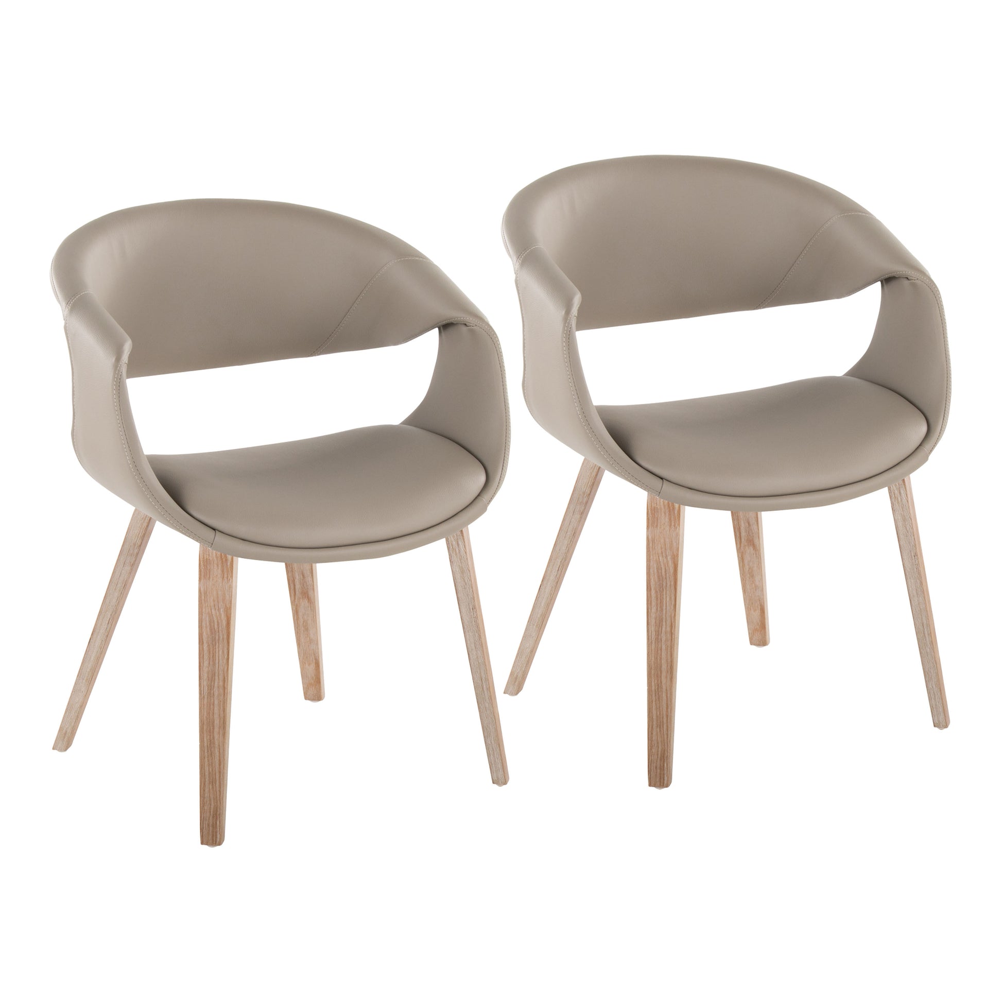 Upholstered Chair in Whitewashed Wood and Light Grey Faux Leather - Set of 2