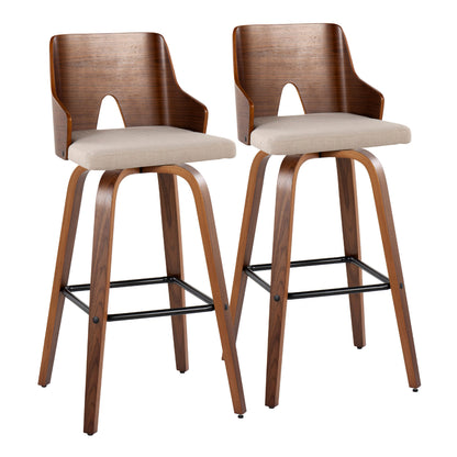 Fixed Height Barstool with Swivel in Walnut Wood, Beige Fabric and Square Black Metal Footrest - Set of 2