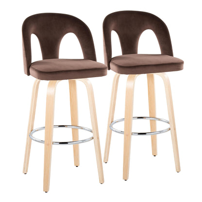 Fixed-Height Barstool with Swivel in Natural Wood and Espresso Velvet with Round Chrome Metal Footrest - Set of 2