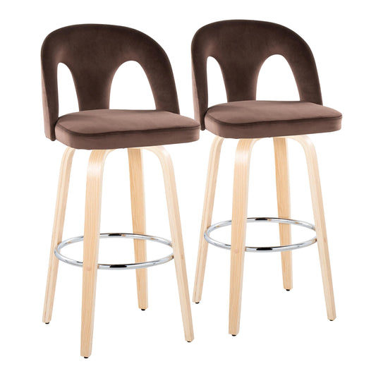 Fixed-Height Barstool with Swivel in Natural Wood and Espresso Velvet with Round Chrome Metal Footrest - Set of 2