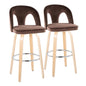 Fixed-Height Barstool with Swivel in Natural Wood and Espresso Velvet with Round Chrome Metal Footrest - Set of 2