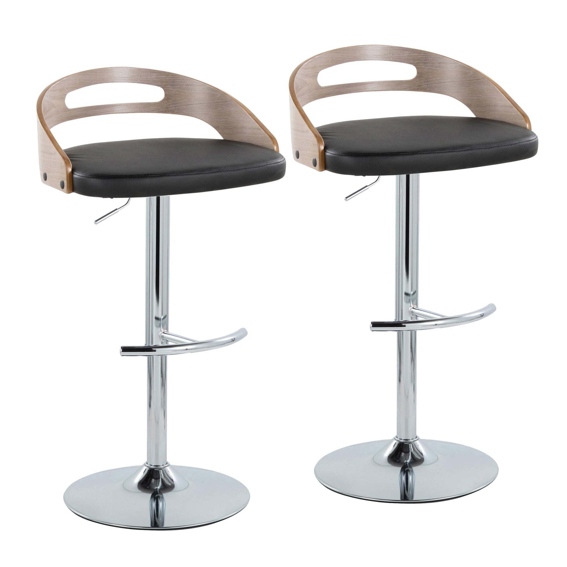 Adjustable Barstool with Swivel in Chrome Metal, Light Grey Wood and Black Faux Leather with Round T Footrest - Set of 2