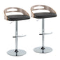 Adjustable Barstool with Swivel in Chrome Metal, Light Grey Wood and Black Faux Leather with Round T Footrest - Set of 2