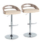 Adjustable Barstool with Swivel in Chrome Metal, Light Grey Wood and Cream Faux Leather with Round T Footrest - Set of 2