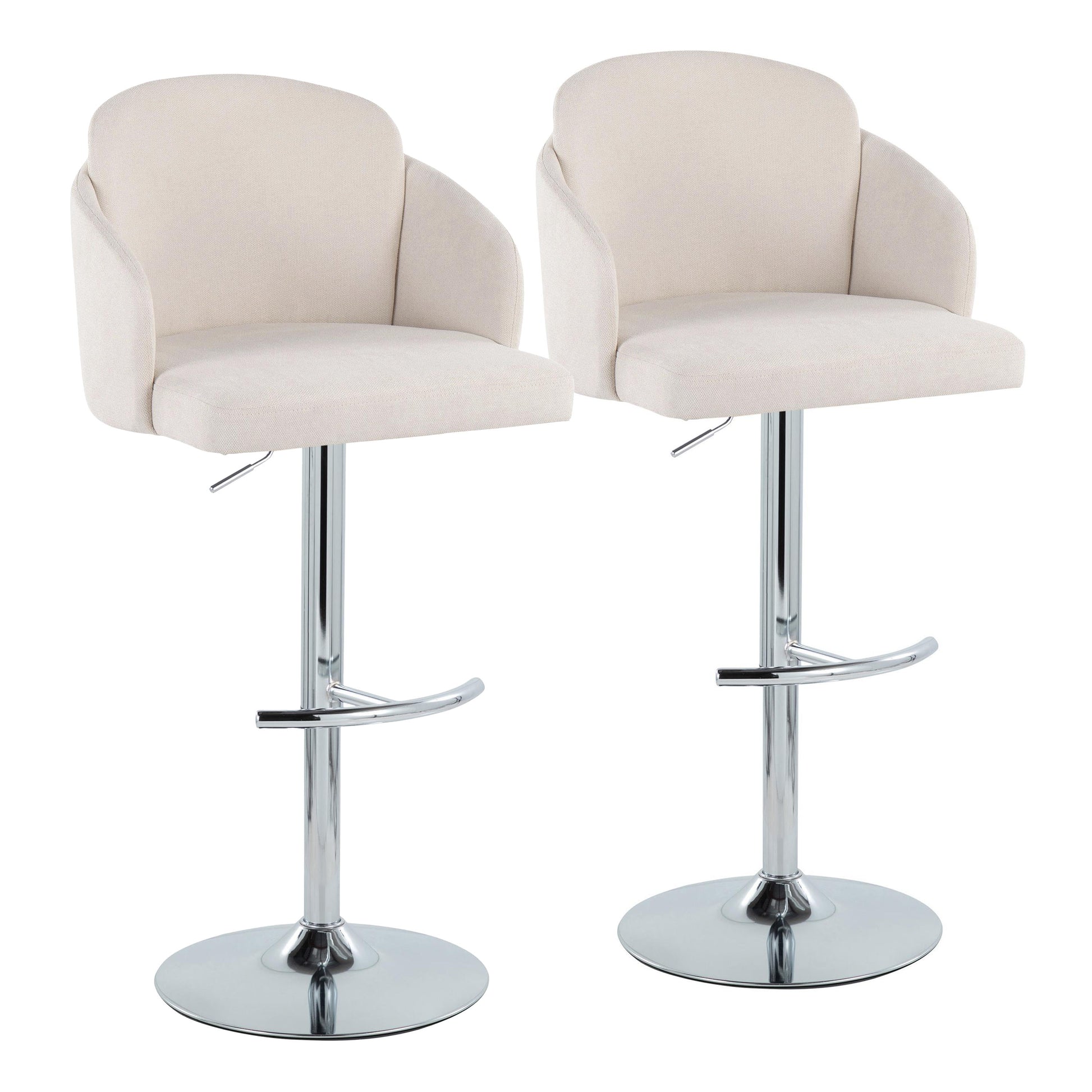 Adjustable Barstool in Chrome Metal and Cream Fabric with Chrome Metal Accent and Round Metal Footrest - Set of 2
