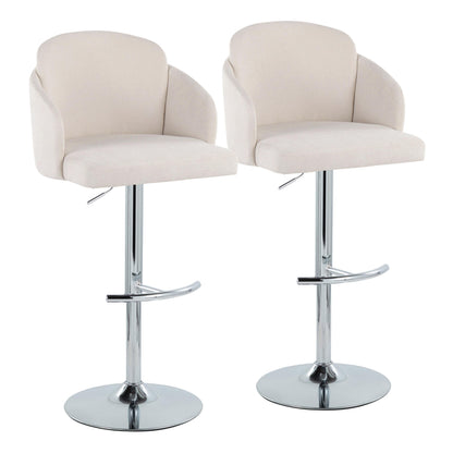 Adjustable Barstool in Chrome Metal and Cream Fabric with Chrome Metal Accent and Round Metal Footrest - Set of 2