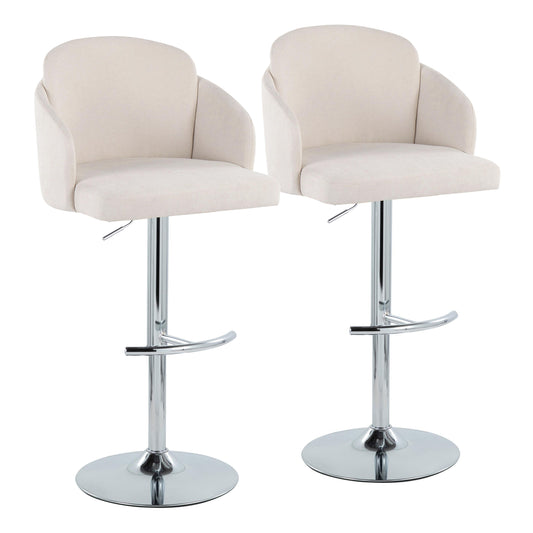 Adjustable Barstool in Chrome Metal and Cream Fabric with Chrome Metal Accent and Round Metal Footrest - Set of 2