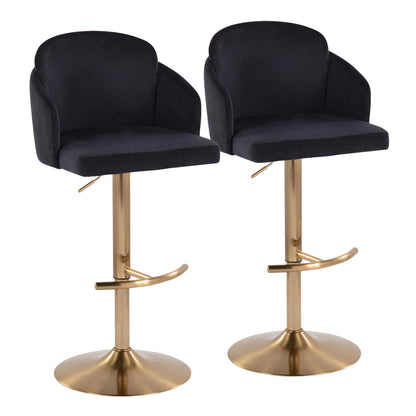Adjustable Barstool in Gold Metal and Black Velvet with Gold Metal Accent and Round Metal Footrest - Set of 2