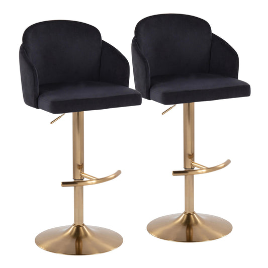 Adjustable Barstool in Gold Metal and Black Velvet with Gold Metal Accent and Round Metal Footrest - Set of 2