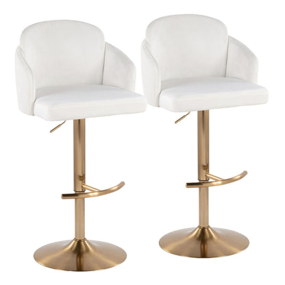 Adjustable Barstool in Gold Metal and Cream Velvet with Gold Metal Accent and Round Metal Footrest - Set of 2
