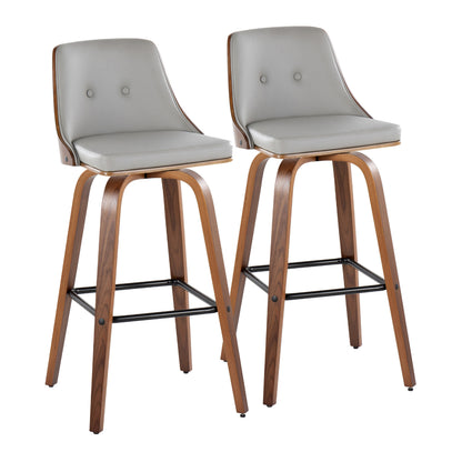 Fixed-Height Barstool with Swivel in Walnut Wood and Light Grey Faux Leather with Square Black Metal Footrest - Set of 2