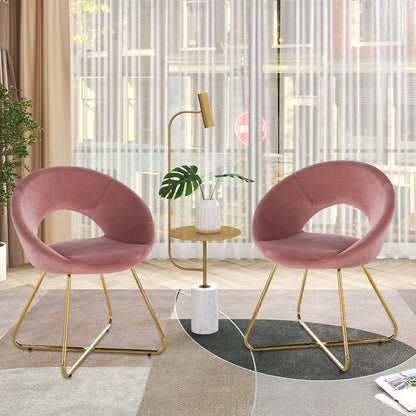 Modern Accent Velvet Chairs Set of 2 Dining Chairs Single Sofa Comfy Upholstered Arm Chair Living Room Furniture Mid-Century Leisure Lounge Chairs with Golden Metal Frame Legs