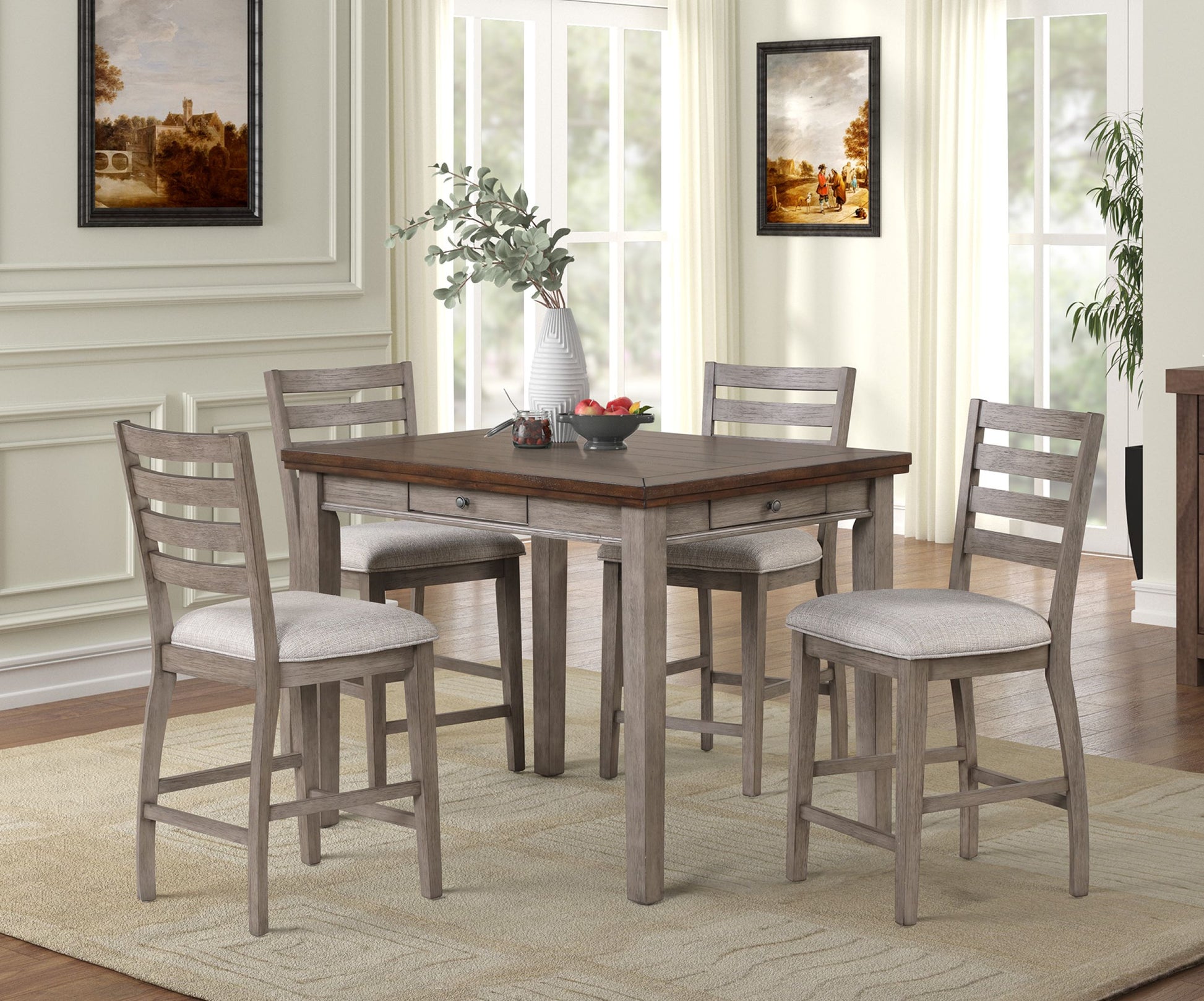 Gray Solid Wood Dining Table - 4 Drawers Counter Height
