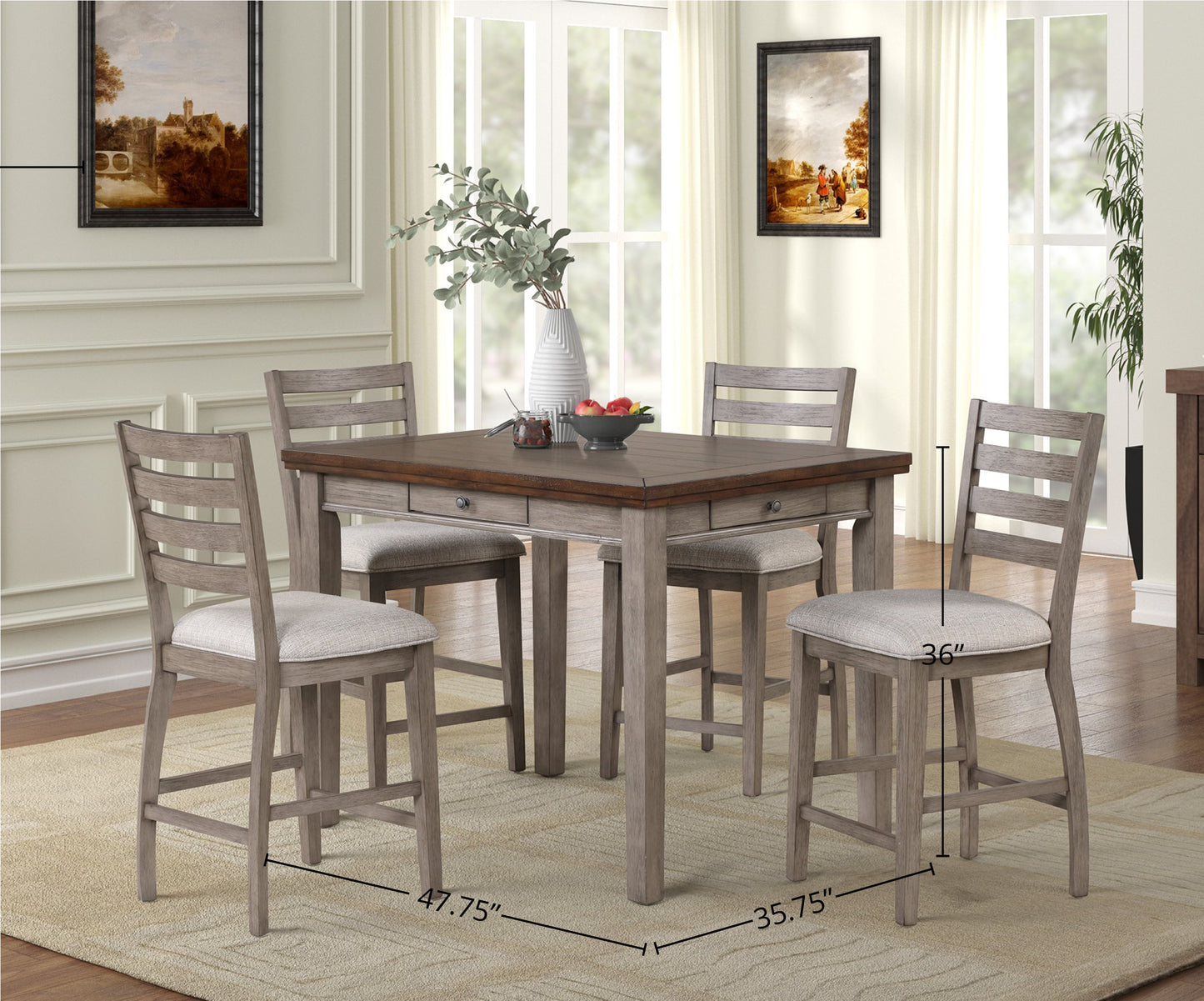 Gray Solid Wood Dining Table - 4 Drawers Counter Height