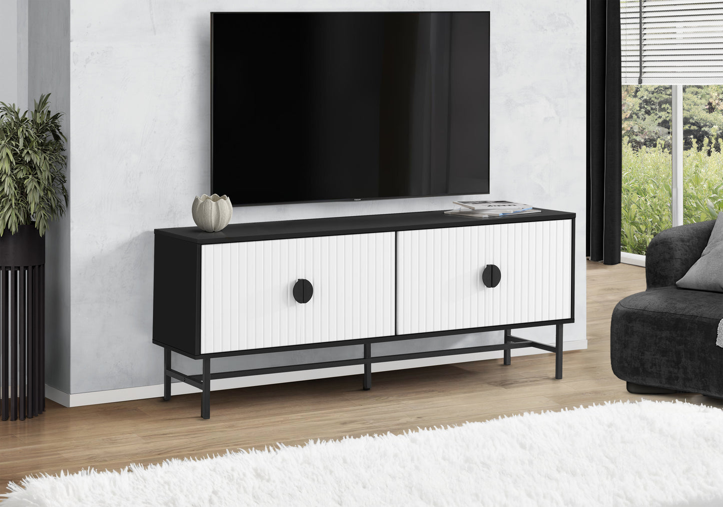 Tv Stand, 60 Inch, Console, Media Entertainment Center, Storage Cabinet, Living Room, Bedroom, Black And White Laminate, Black Metal, Contemporary, Modern